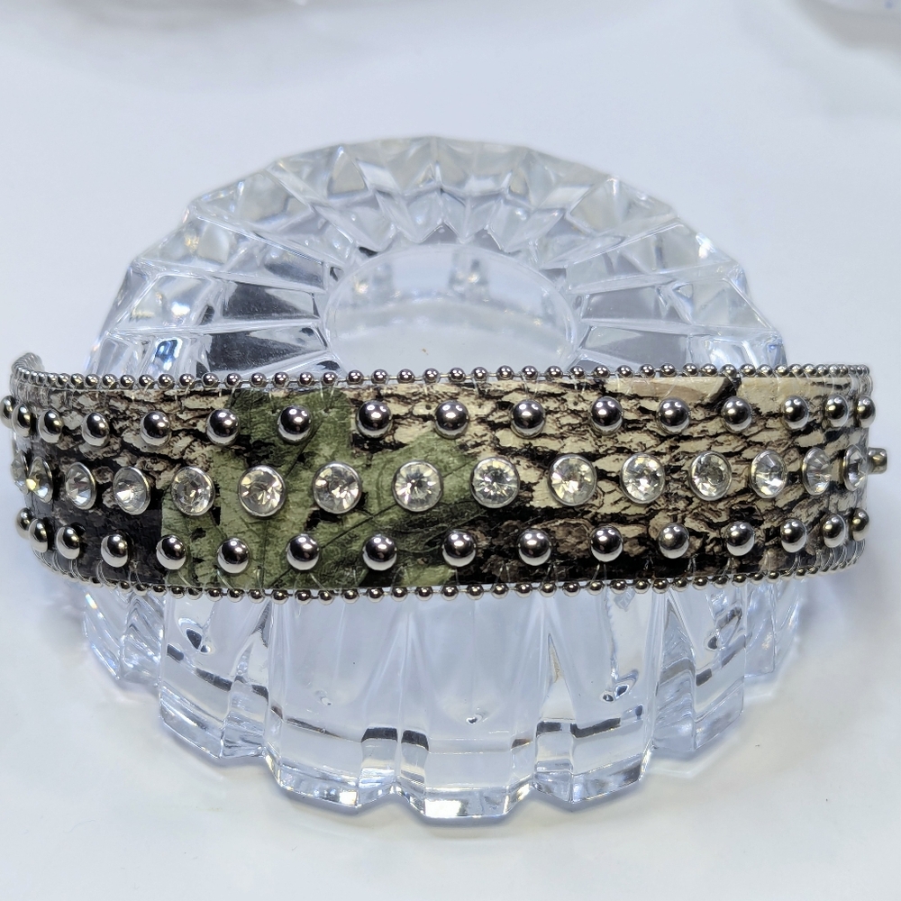 Angel Ranch Snap Bracelet Silver Beaded Rhinestone Crystals Camo Leather Strap - Picture 3 of 12